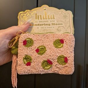 Wandering Moon India Handmade Beaded Olive Martini 🫒 Pouch - Pink & Green NWT